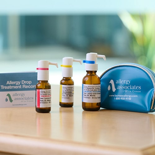 Allergy drop bottles and travel pouch